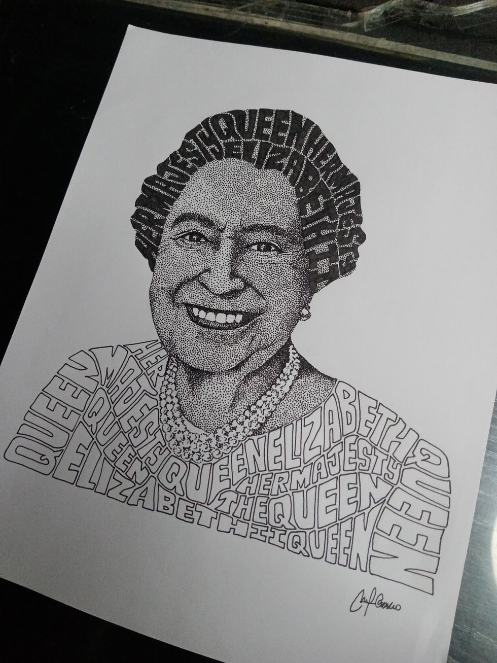 Imagen de la Reina Isabel creada con un bolígrafo, por Niu00f1o Angelo Orosco